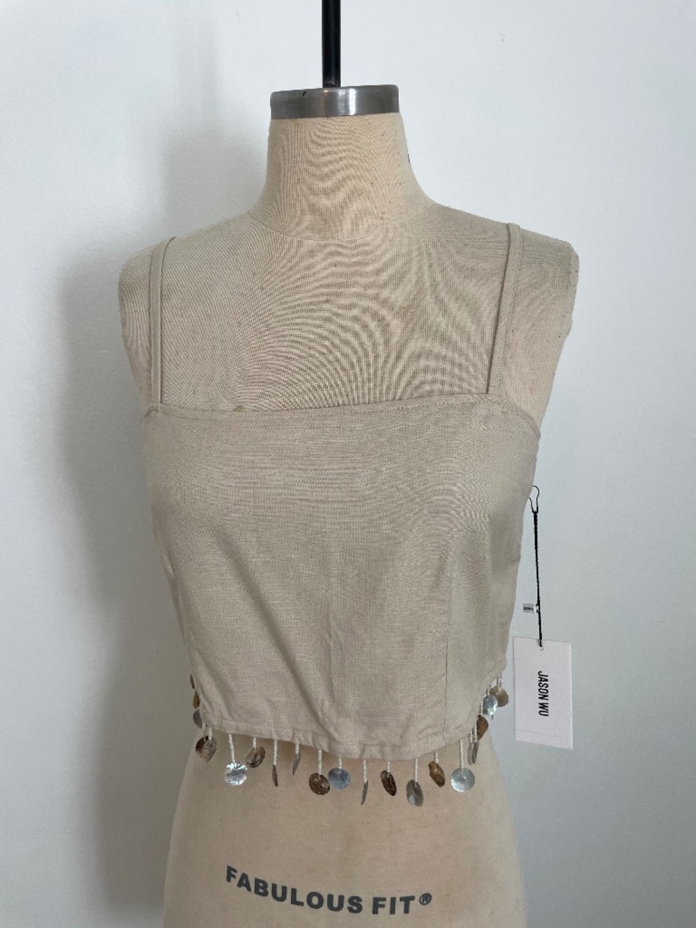 NWT- Jason Wu Cropped Linen Blend Tank Top, Beaded Shell Fringe, Size 2 Boho
